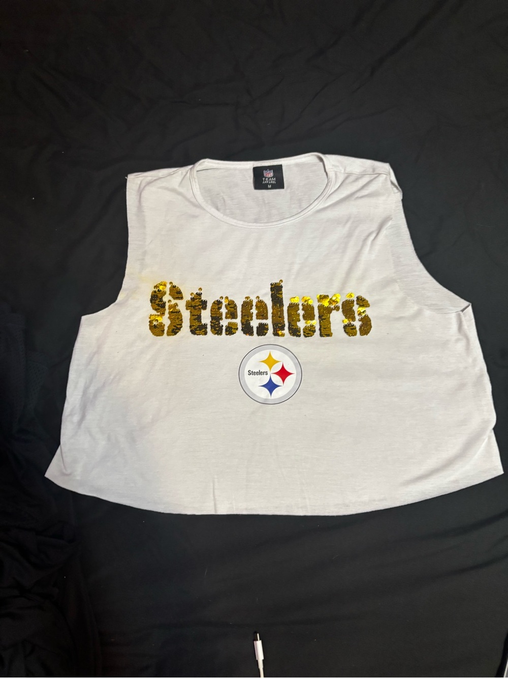 NFL White Crop Tank with Gold Sequin 'Steelers' Logo